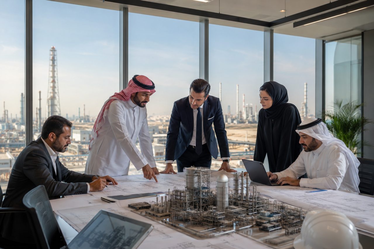فريق استشاري يخطط لمشروع صناعي في قاعة اجتماعات