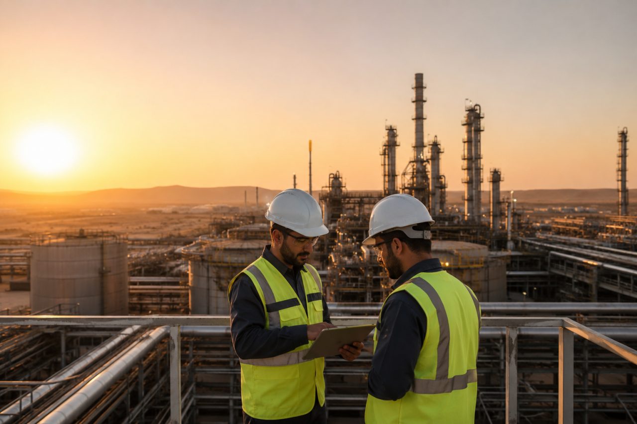 مهندسان يتفقدان مصفاة صناعية عند الغروب