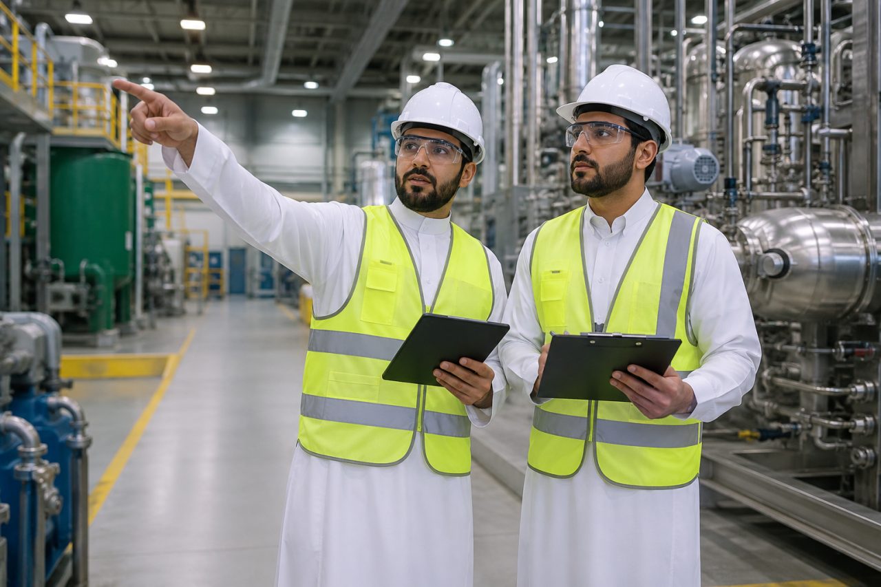 مهندسان يتفقدان خطوط الإنتاج داخل مصنع