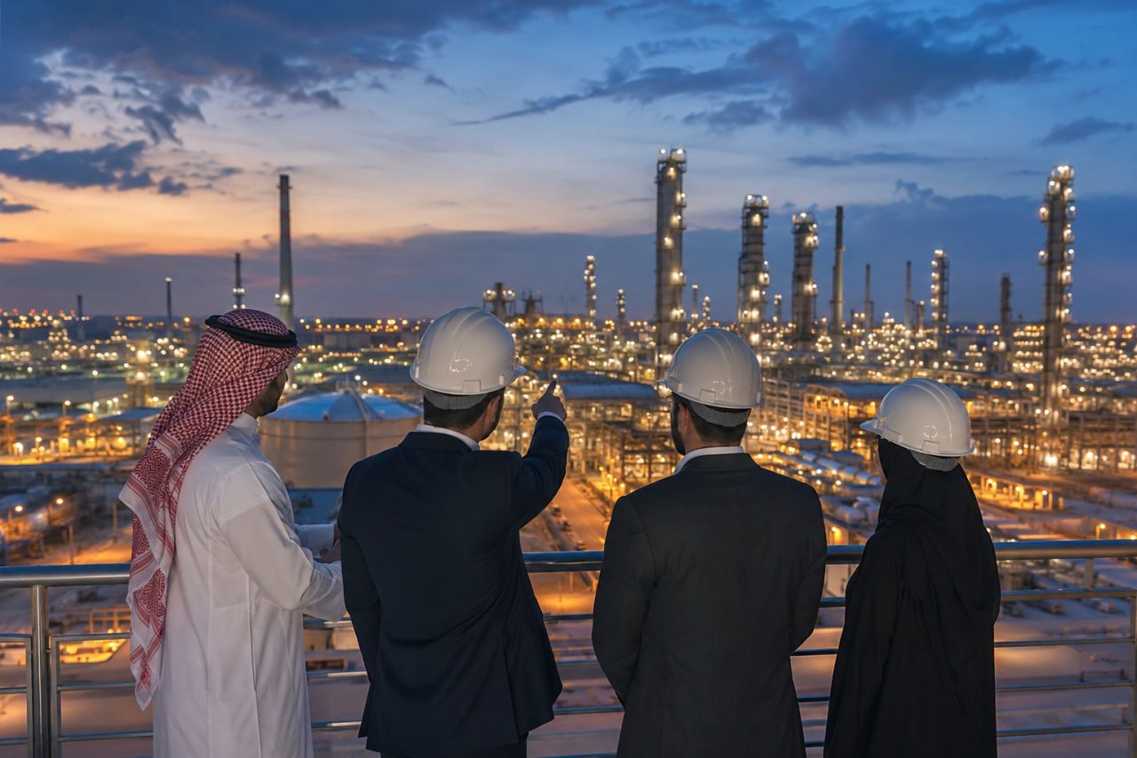 مصفاة صناعية سعودية مضاءة عند الغروب